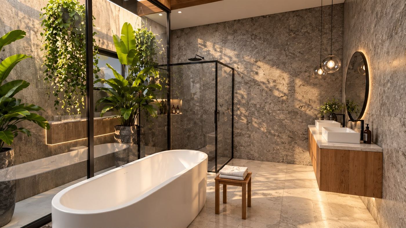 Banheiro com banheira solta e jardim interno