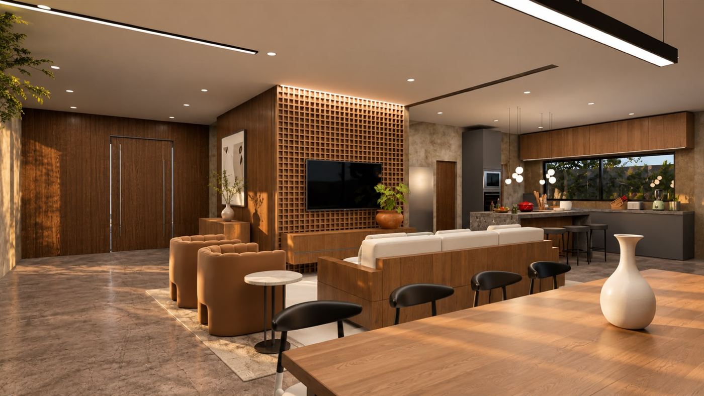 Estar integrado com painel de madeira