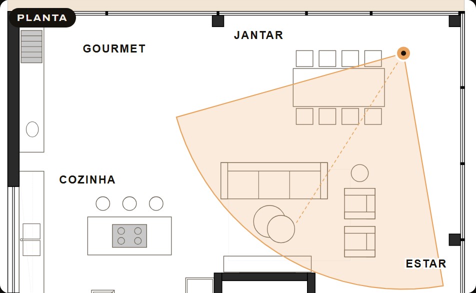 Planta 2D do estar, jantar e cozinha com o cone da câmera marcado