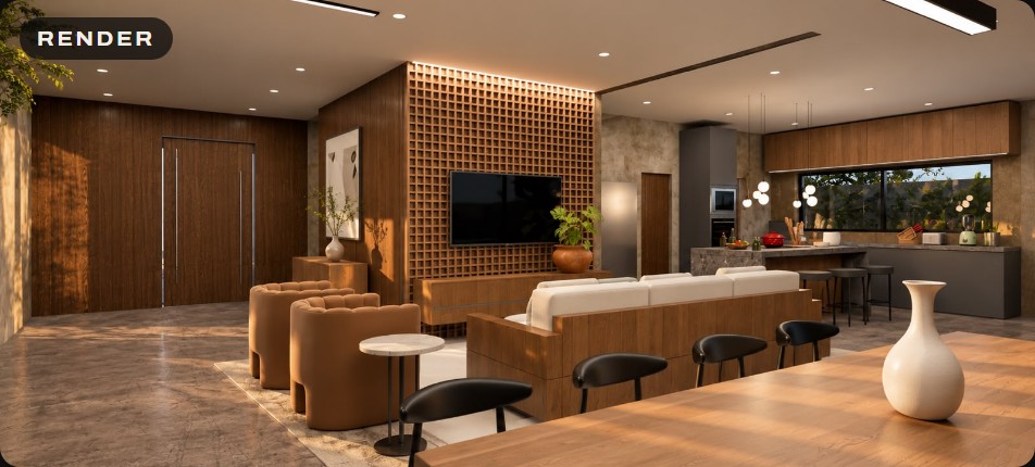 Render do estar integrado à cozinha, no mesmo ângulo marcado na planta