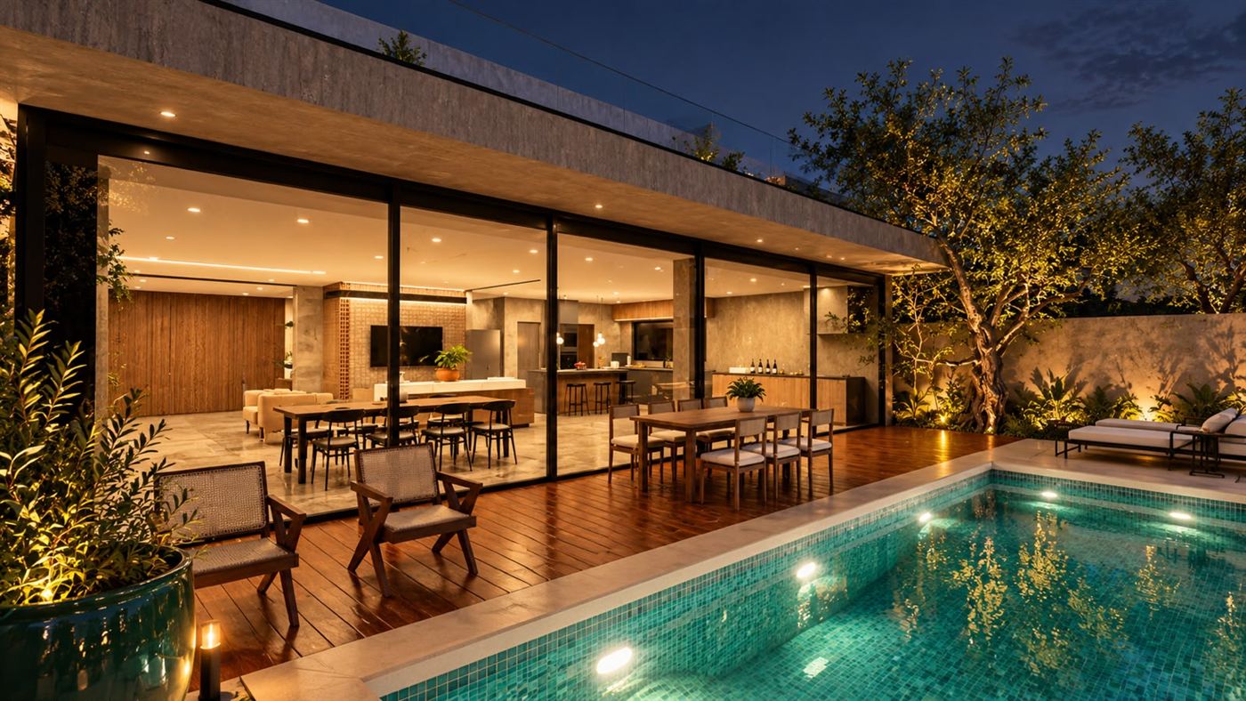 Fundos da casa à noite, com a piscina iluminada e o interior visível pelos vidros