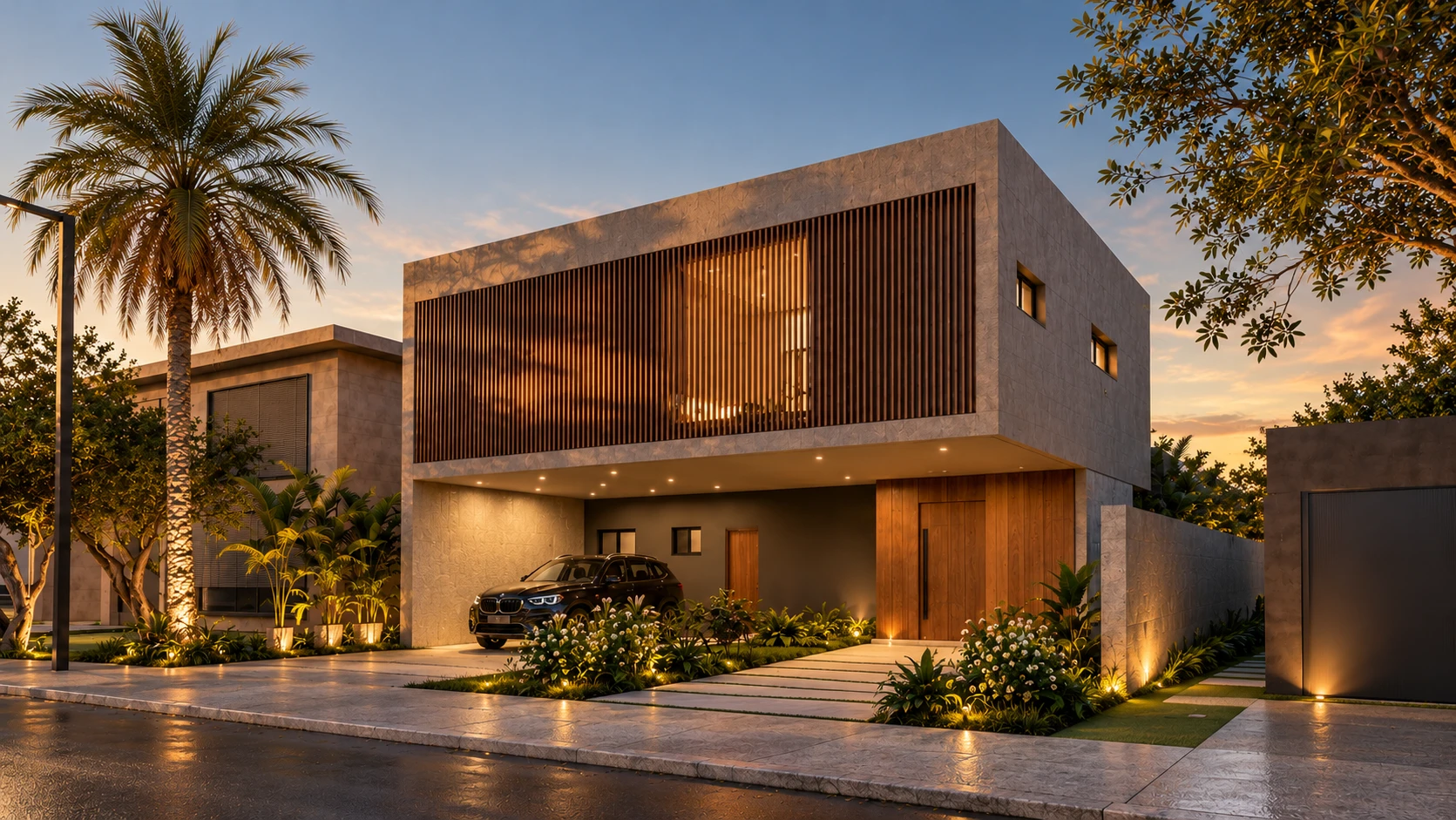 Render de fachada contemporânea em concreto e brise de madeira ao entardecer, com a garagem iluminada