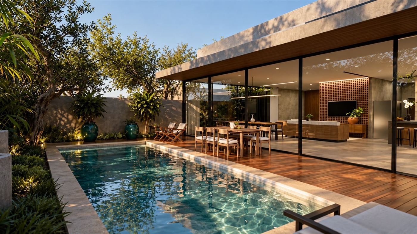 Piscina com deck de madeira